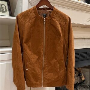New Directions Curvy Faux Suede Moto Jacket Cognac Brown 1X Ribbed Detail
